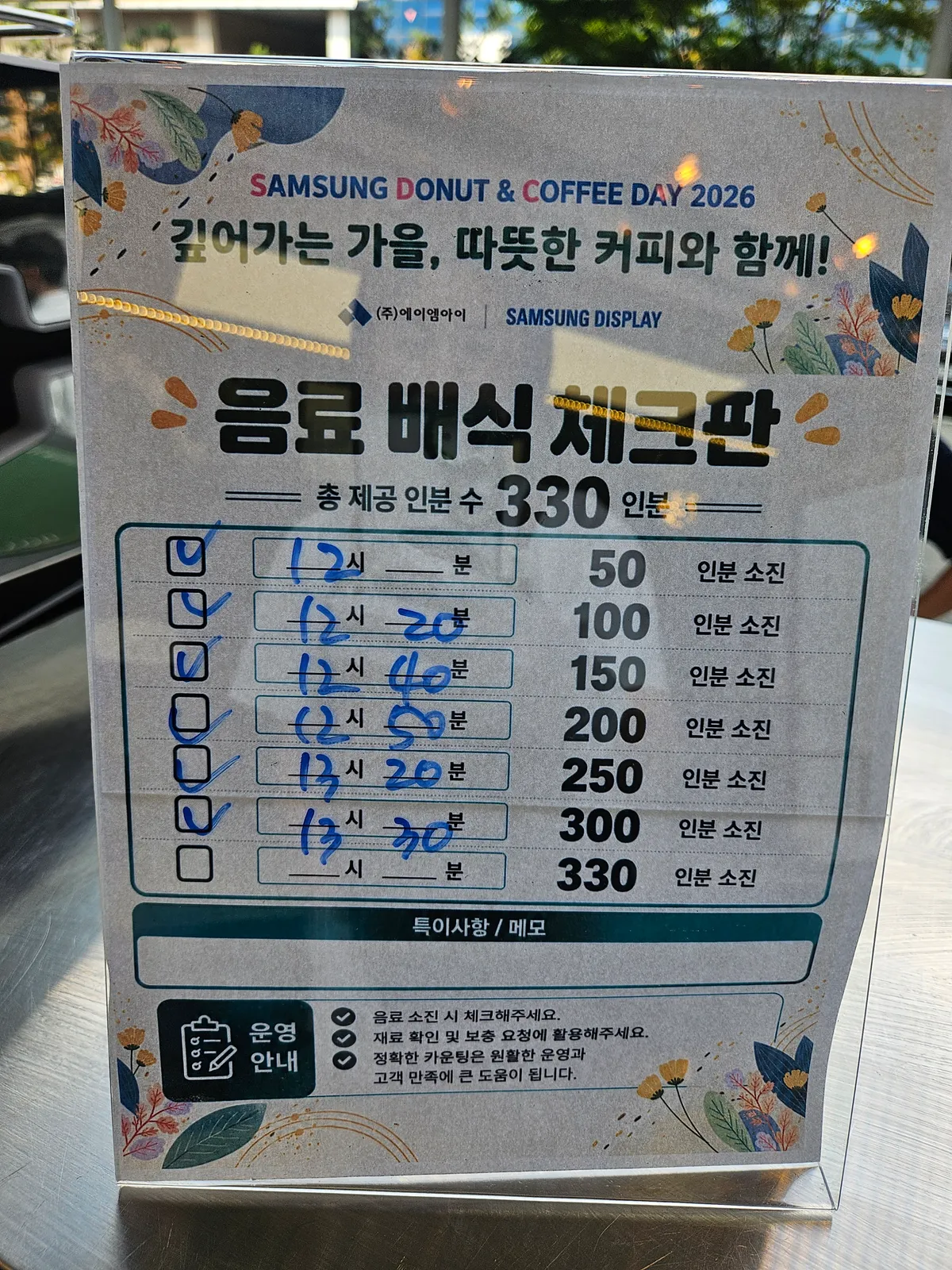 삼성디스플레이·에이앤아이 도넛 케이터링 음료 배식 체크판